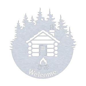 A circular metal wall sign with a laser-cut log cabin featuring a smoking chimney surrounded by pine trees. Below the cabin, the word 'Welcome' is cut out with a campfire symbol. The metallic finish adds a rustic charm, perfect for cabins or lodges.